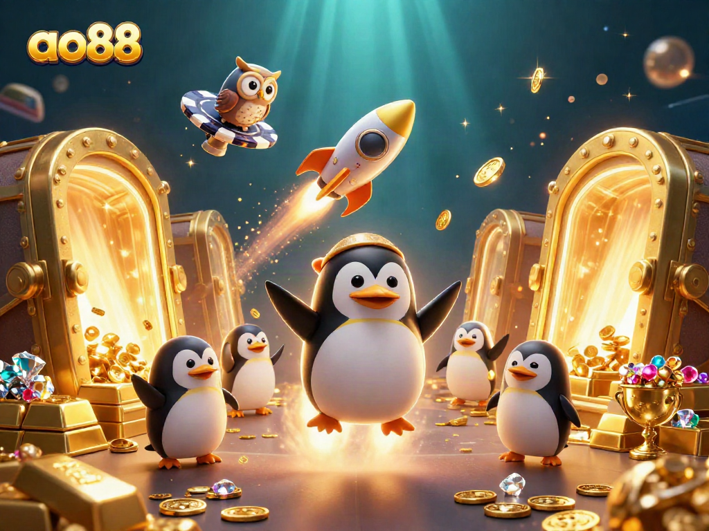 Catch the excitement of ao88 as a penguin zooms towards a giant poker chip casino, surrounded by treasures.