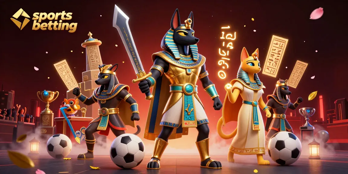 Engaging scene of sports betting excitement featuring Anubis and Bastet with vibrant stadium elements.