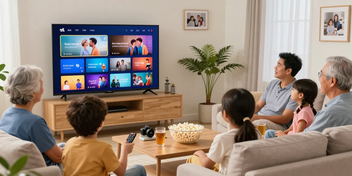 Família reunida assistindo IPTV em uma sala de estar aconchegante com TV grande.