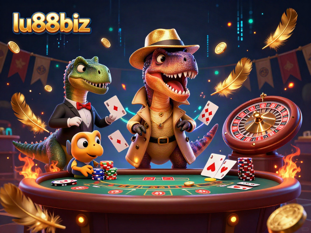 lu88biz features a velociraptor card counter at a casino blackjack table, surrounded by chips and vibrant graphics.