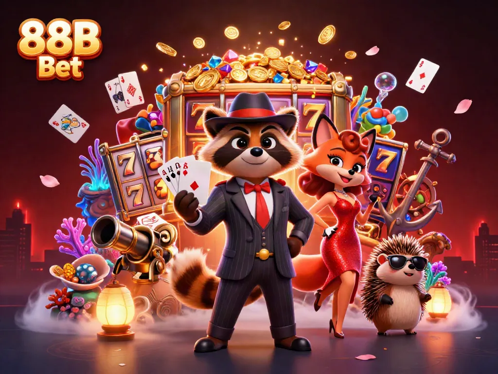 Engage in thrilling wins with 88B Bet alongside a suave raccoon dealer and stunning fox in a vibrant casino.