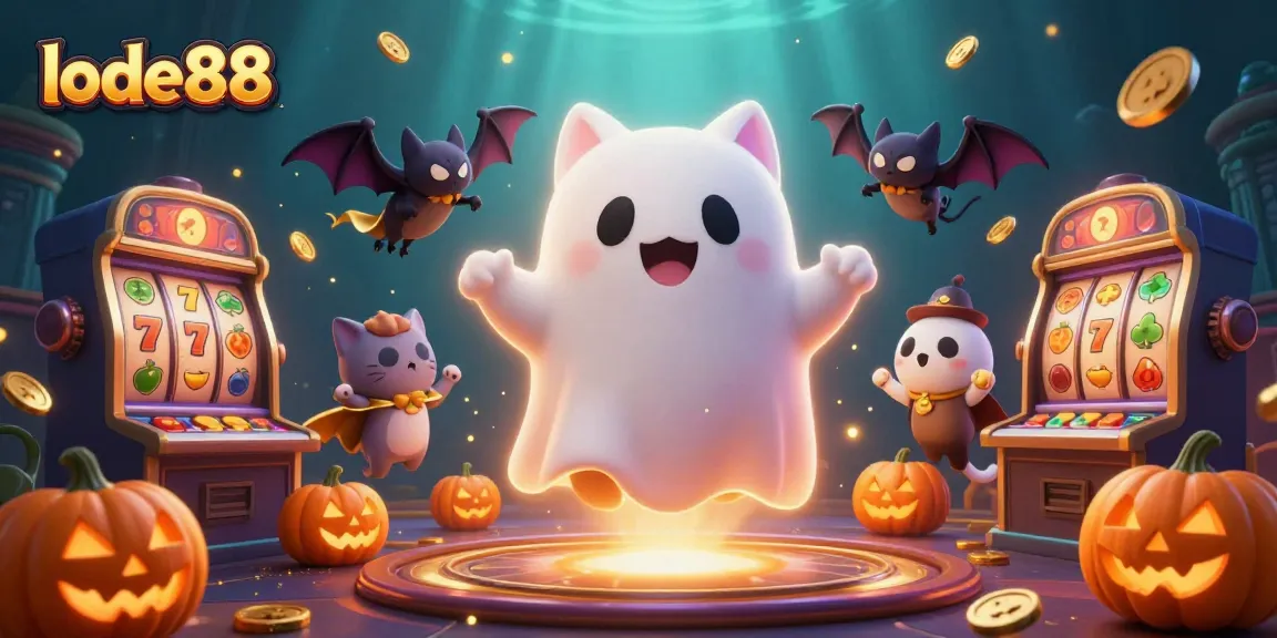 lode88 features a ghost cat and vampire bat in a spooky casino scene with slot reels and golden coins.