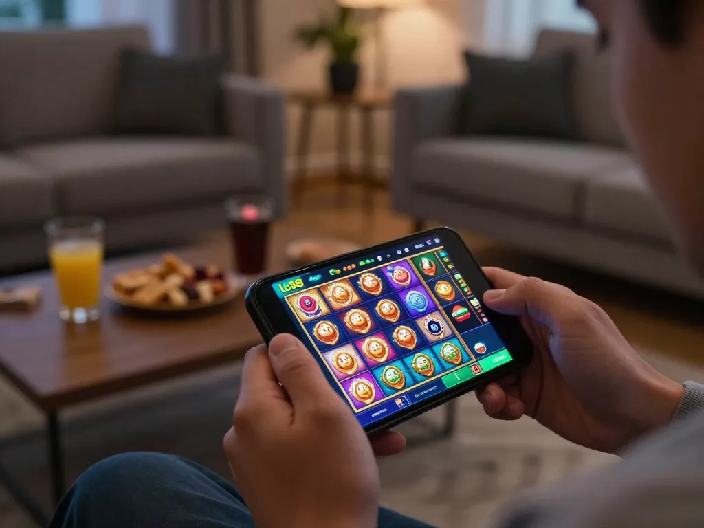Player enjoying exciting games on the lc88 mobile app in cozy home environment.