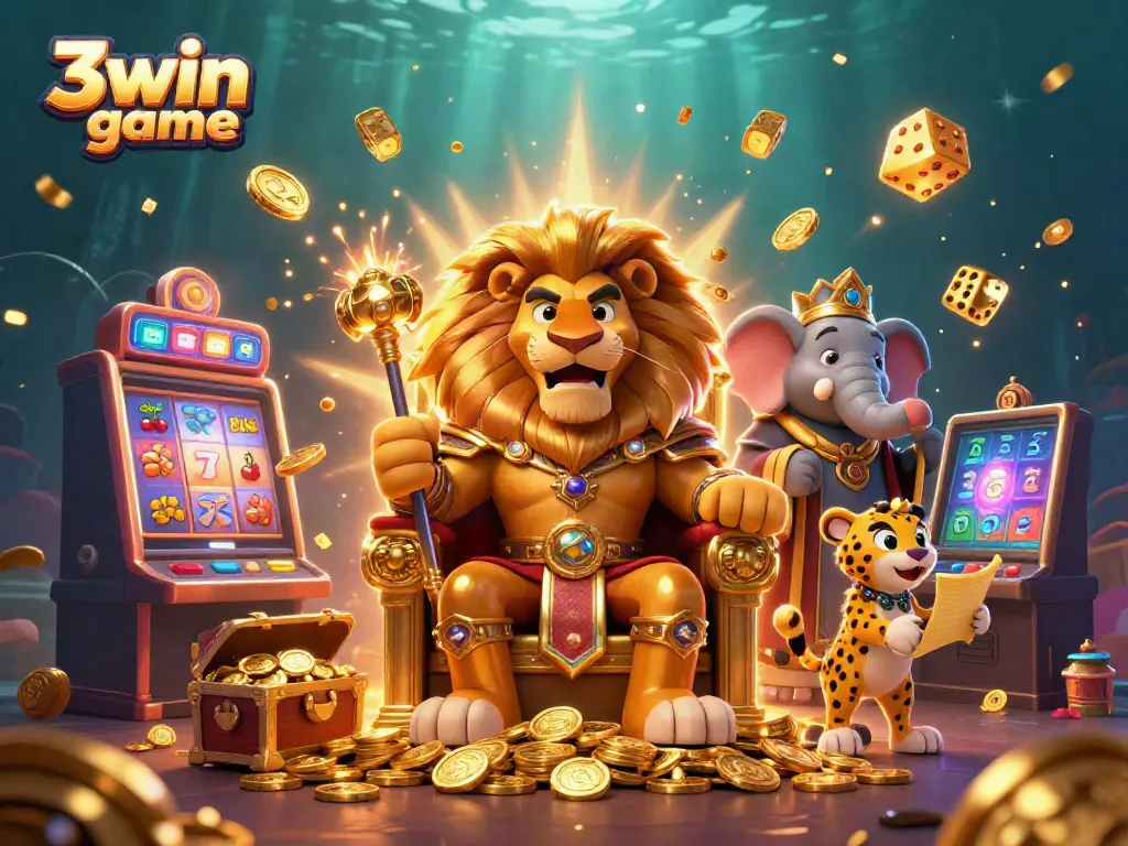 Engage with the excitement of the 3win game in a vibrant 3D casino scene featuring a lion king and slot machine.