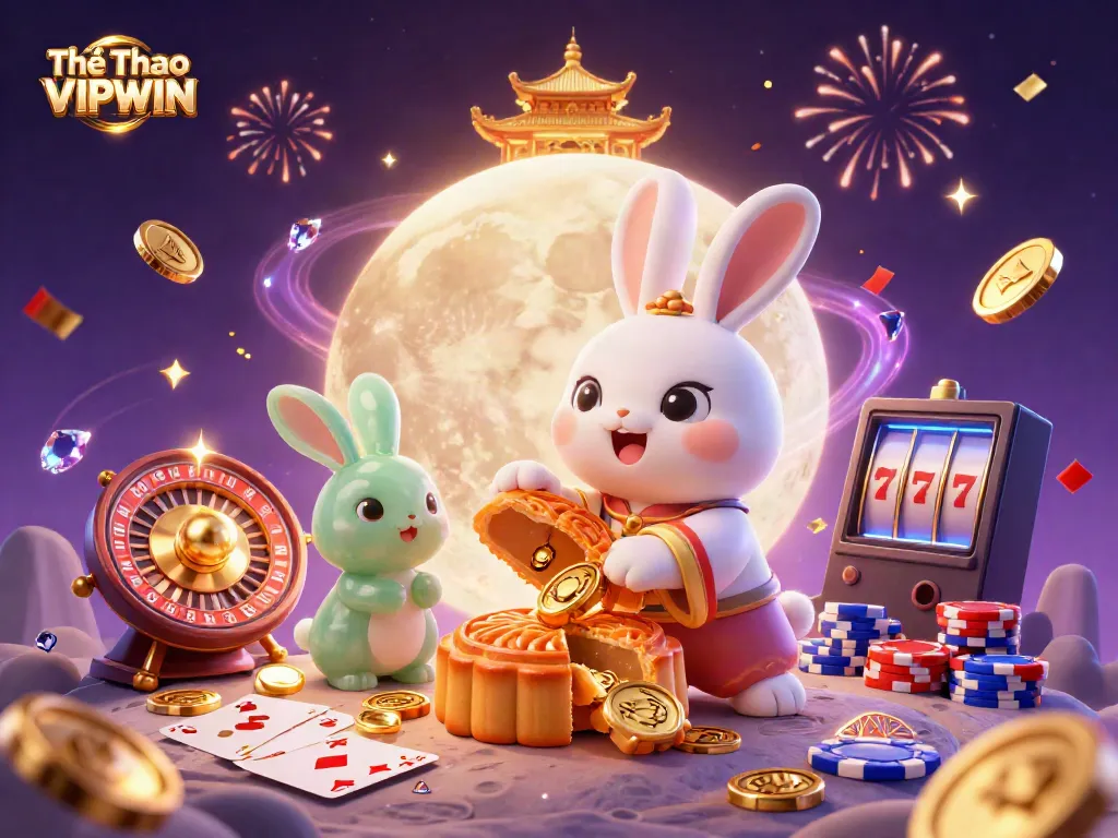 Engage with Thể Thao VIPWIN in a vibrant 3D casino scene featuring a moon rabbit, poker chips, and dynamic game elements.