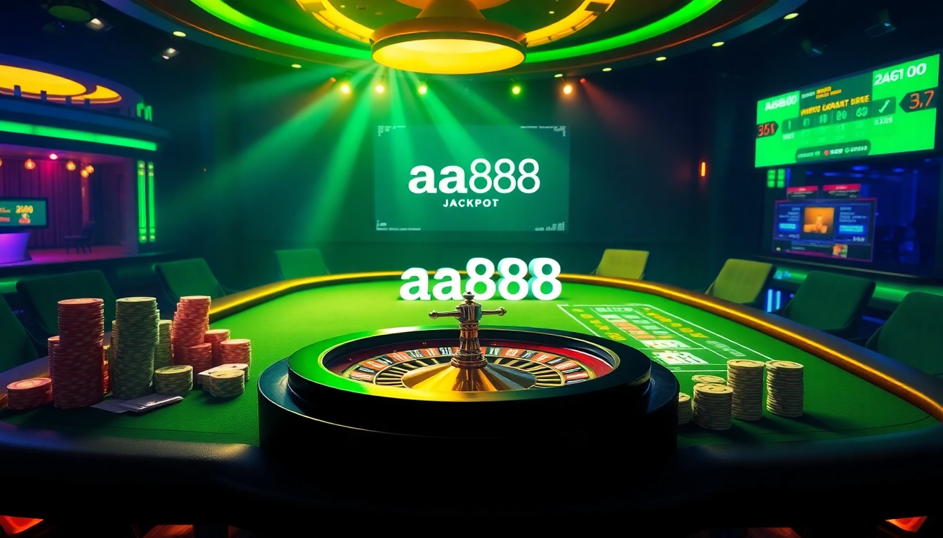 Experimente a emoção do jogo aa888 com visuais vibrantes de cassino, incluindo roleta e pôquer.