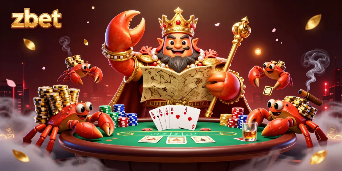 Engage with zbet's 3D illustration featuring a golden crab emperor presiding over a lively poker scene.