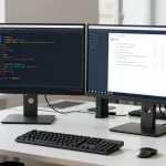 Developer configuring Telegram Chinese settings at a modern tech workspace.