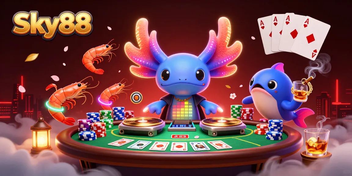 Experience thrilling Sky88 gaming moments with vibrant casino characters in a dynamic 3D scene.