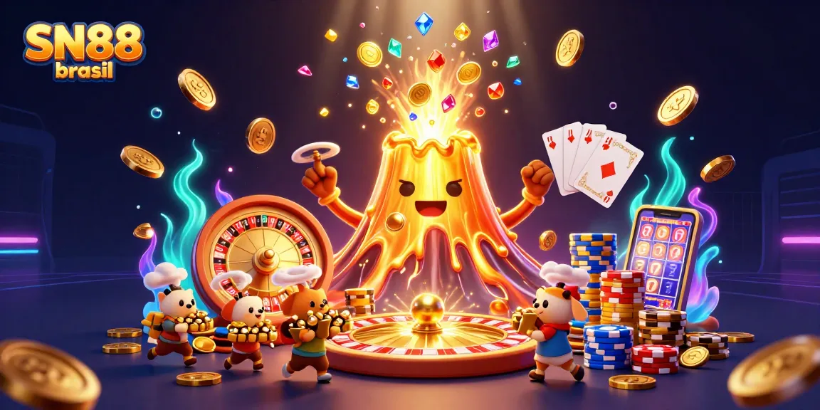 Experience thrilling gameplay with SN88 brasil as the golden volcano erupts treasure amidst casino elements.