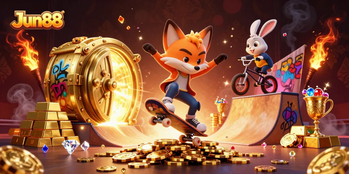 Experience thrilling fun at Jun88 with a dynamic skateboarding fox and gem-filled treasures.
