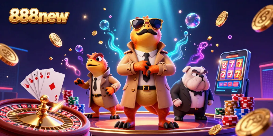 Engage in thrilling games at 888new with vibrant casino elements and characters in action.