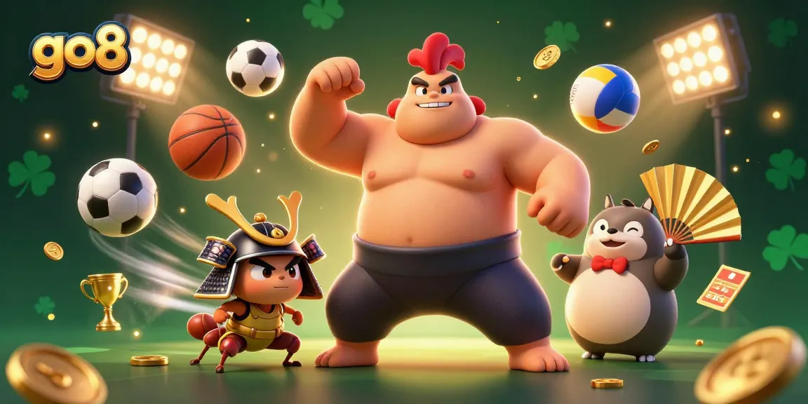 Experience the lively action at go8 with a sumo wrestler and samurai cricket celebrating plentiful sports betting.