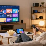 Uma pessoa assistindo o melhor IPTV do Brasil em um confortável sofá na sala.