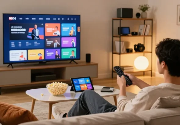 Uma pessoa assistindo o melhor IPTV do Brasil em um confortável sofá na sala.