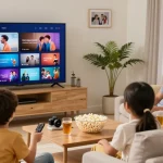 Família reunida assistindo IPTV em uma sala de estar aconchegante com TV grande.