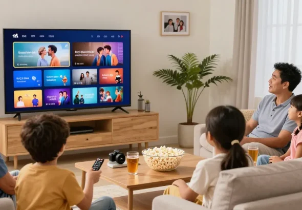 Família reunida assistindo IPTV em uma sala de estar aconchegante com TV grande.